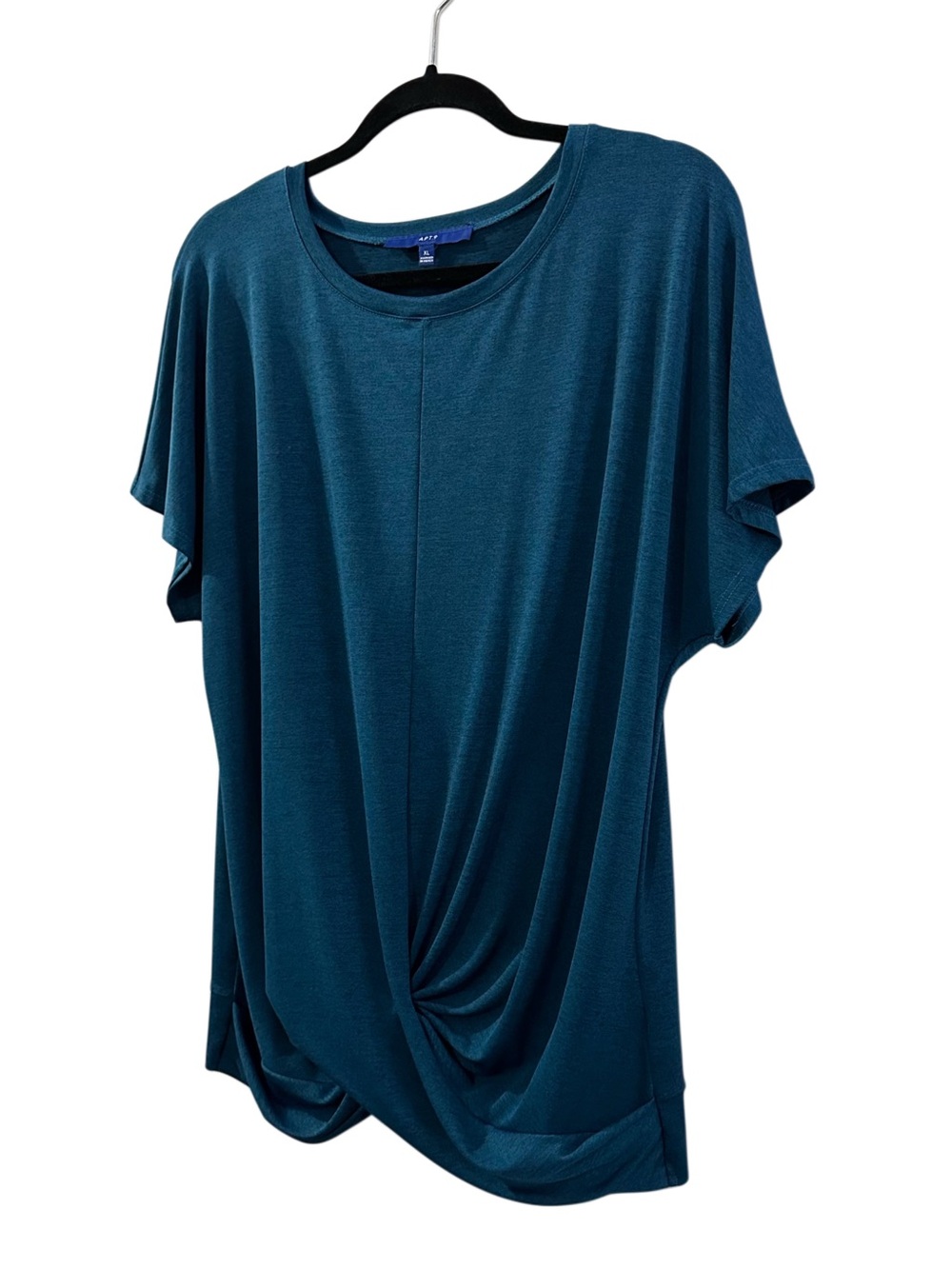 APT. 9 Teal Twist Front Top XL Short Sleeve Draped Stretch Blouse crew neck